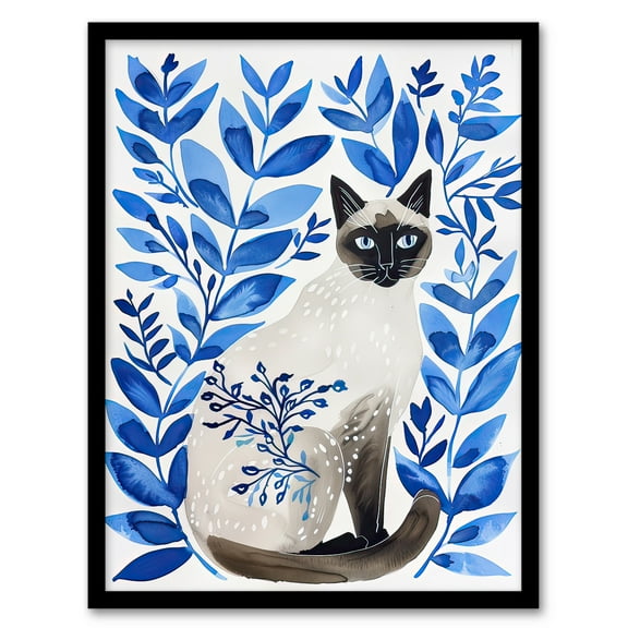 Artery8 Siamese Cat Lover and Blue Plants Pet Portrait Living Room Art Print Framed Poster Wall Decor 12x16 inch