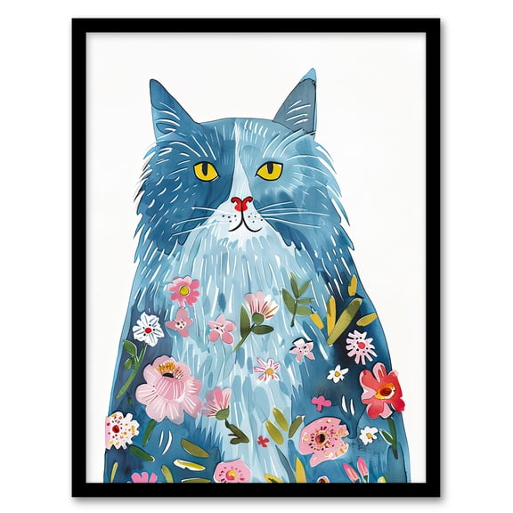 Artery8 Smiling Blue Cat with Flowers in Fur Watercolour Kids Bedroom Nursery Art Print Framed Poster Wall Decor 12x16 inch