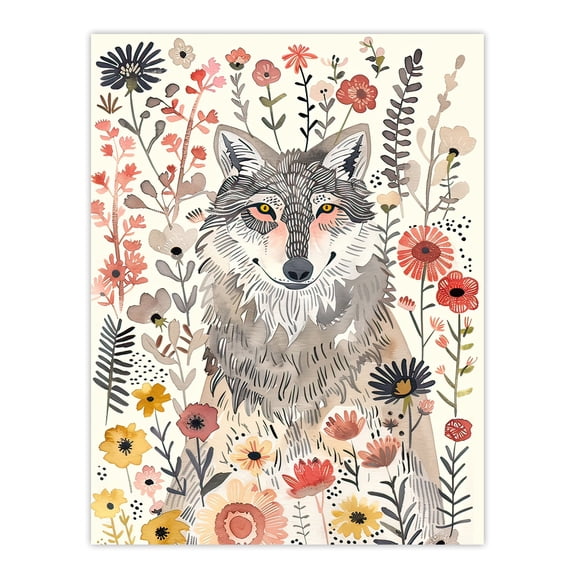 Artery8 Smiling Wolf Wildflower Meadow Floral Watercolour Living Room Unframed Wall Art Print Poster Home Decor Premium