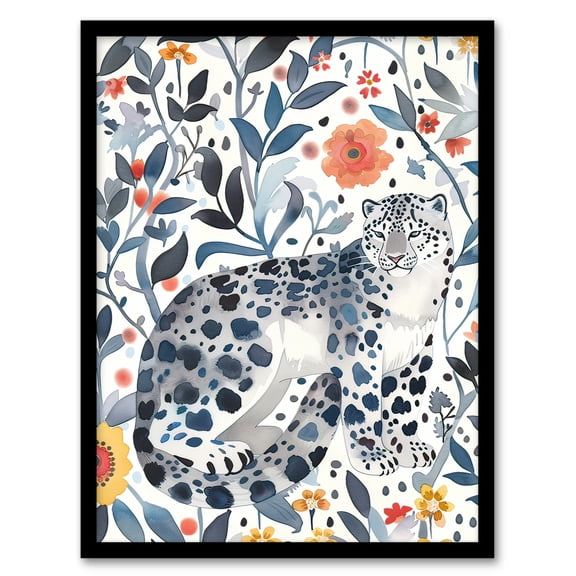 Artery8 Snow Leopard Blue Orange Floral Watercolour Living Room Art Print Framed Poster Wall Decor 12x16 inch