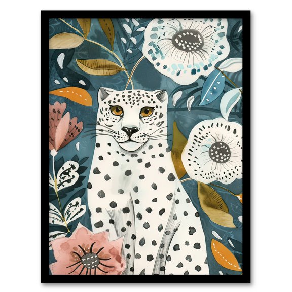 Artery8 Snow Leopard Floral Pattern Watercolour Folk Art Living Room Artwork Framed Wall Art Print A4