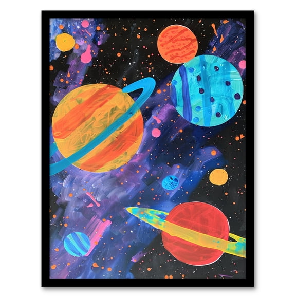 Artery8 Space Planets and Stars Colourful Child Painting Nursery Kids Bedroom Artwork Framed Wall Art Print A4
