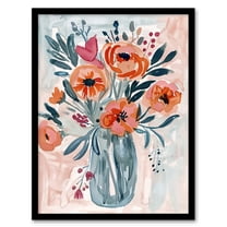 Artery8 Spring Flower Bouquet Pink Blue Boho Floral Vase Living Room Art Print Framed Poster Wall Decor 12x16 inch