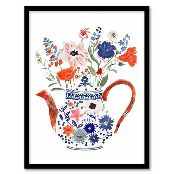 Artery8 Spring Wildflower Bouquet Floral Ceramic Tea Pot Kitchen Art Print Framed Poster Wall Decor 12x16 inch