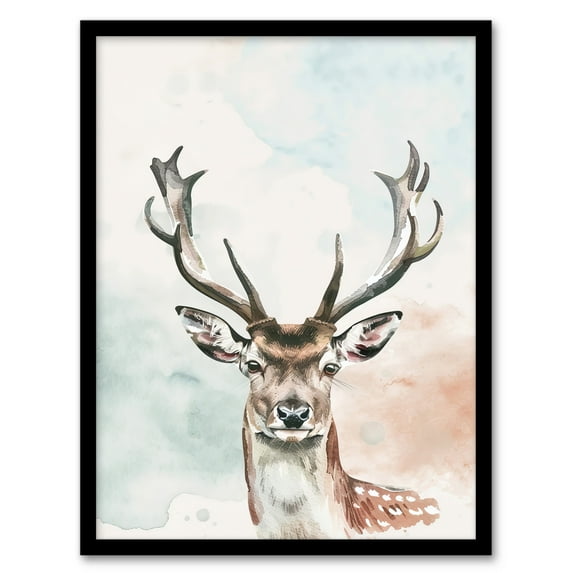 Artery8 Stag Head Portrait Modern Watercolour Pastel Living Room Art Print Framed Poster Wall Decor 12x16 inch