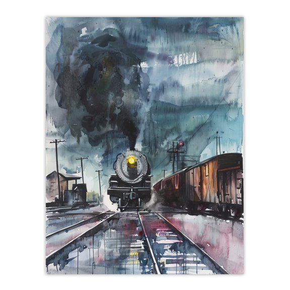 Artery8 Steam Train Arrival Yard Stormy Day Watercolour Living Room Extra Large XL Wall Art Poster Print