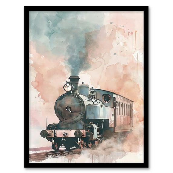 Artery8 Steam Train Blue Pink Watercolour Railfan Spotter Living Room Artwork Framed Wall Art Print A4