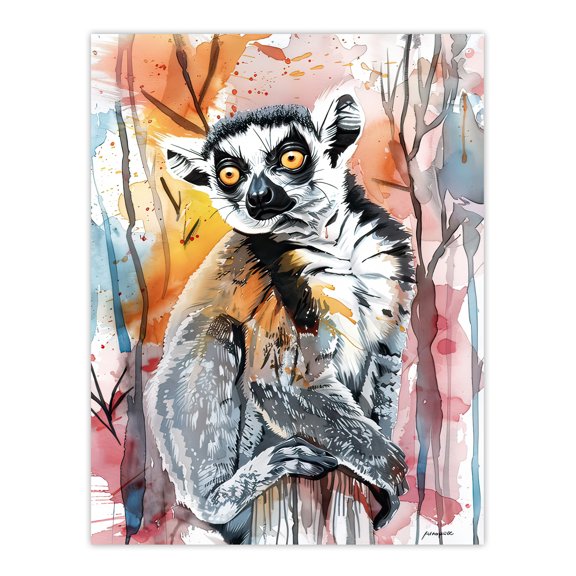 Artery8 Striped Lemur in Abstract Rainforest Sunset Living Room Extra Large XL Wall Art Poster Print