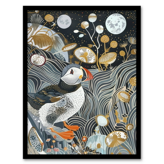 Artery8 Stylised Puffin Full Moon Flower Field Abstract Living Room Art Print Framed Poster Wall Decor 12x16 inch