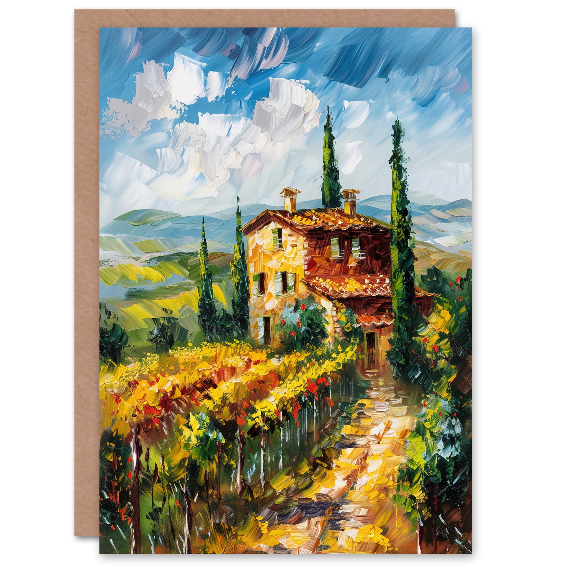Artery8 Summer Tuscan Farmhouse Oil Painting Colourful Greeting Birthday Card Him Her All Blank
