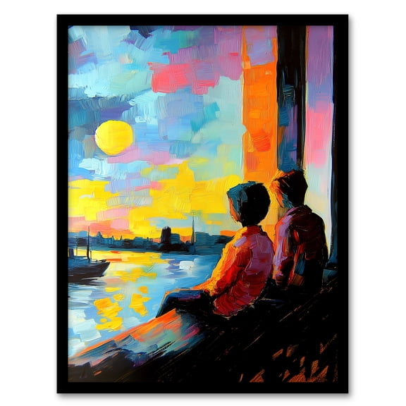 Artery8 Sunset Coastal View Couple Love Romantic Painting Living Room Artwork Framed Wall Art Print A4