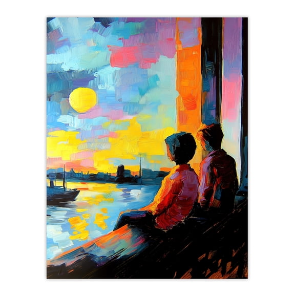 Artery8 Sunset Coastal View Couple Love Romantic Painting Living Room Unframed Wall Art Print Poster Home Decor