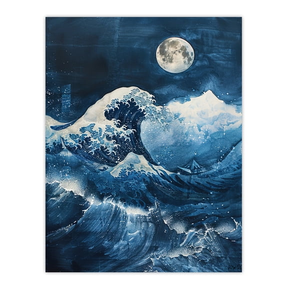 Artery8 The Great Wave at Full Moon Storm Sea Painting Living Room Unframed Wall Art Print Poster Home Decor Premium