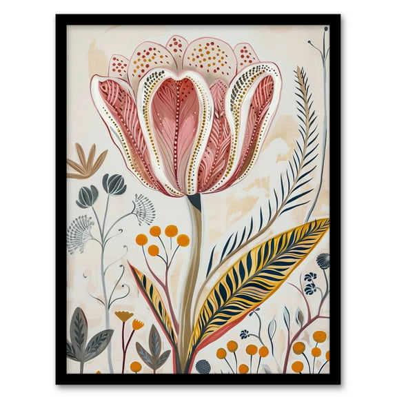 Artery8 Tulip Flower Orange Grey Pink Folk Art Floral Living Room Art Print Framed Poster Wall Decor 12x16 inch