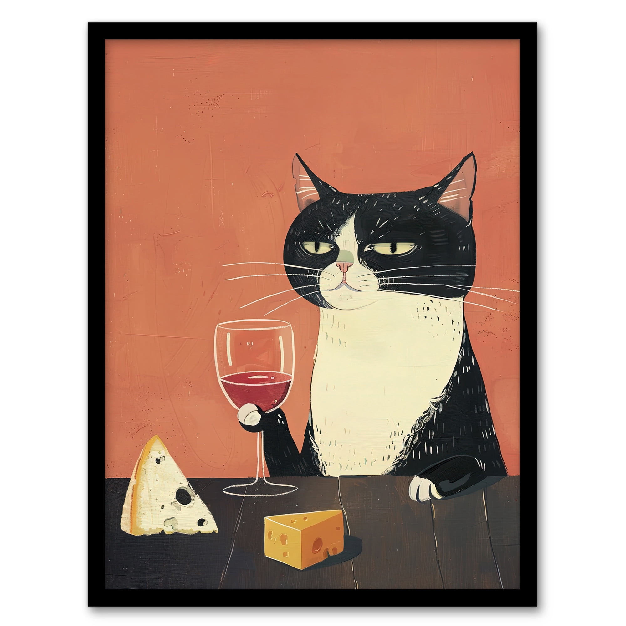 Artery8 Tuxedo Cat Drinking Wine with Cheese Painting For Kitchen Art ...