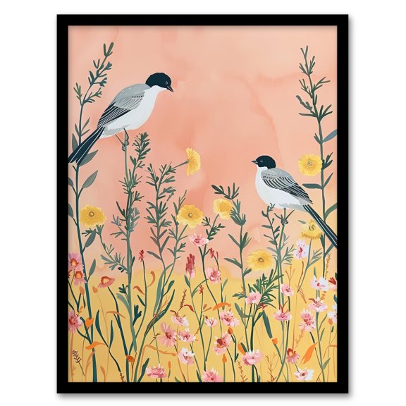 Artery8 Two Chickadee Birds in Pastel Wildflower Field Living Room Artwork Framed Wall Art Print A4