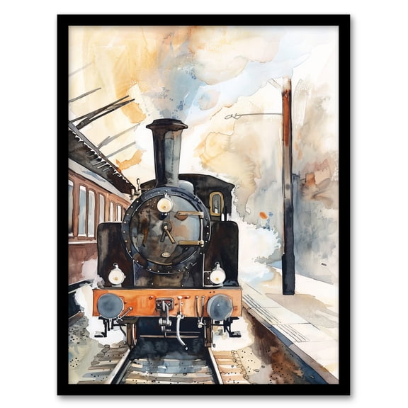 Artery8 Vintage Travel Steam Train Front View Watercolour Living Room Artwork Framed Wall Art Print A4