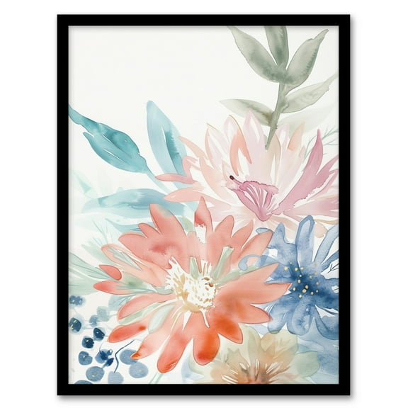 Artery8 Watercolour Aster Flower Bouquet Boho Pastels Living Room Art Print Framed Poster Wall Decor 12x16 inch