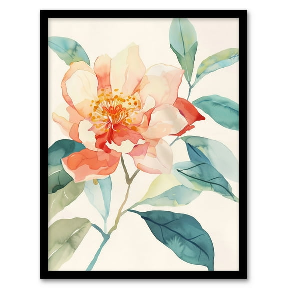 Artery8 Watercolour Camellia Flower Painting Soft Floral Living Room Art Print Framed Poster Wall Decor 12x16 inch