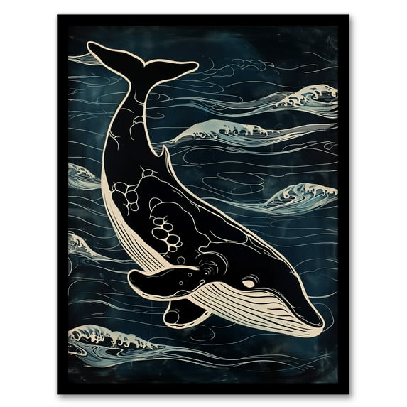Artery8 Whale and Ocean Waves Pattern Woodcut Painting For Living Room Artwork Framed Wall Art Print A4