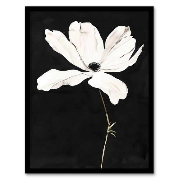Artery8 White Flower Bloom Black Background Watercolour Living Room Art Print Framed Poster Wall Decor 12x16 inch