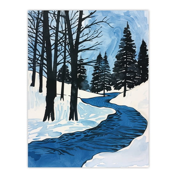 Artery8 Winter Forest River Stream Snowy Landscape Living Room Extra Large XL Wall Art Poster Print