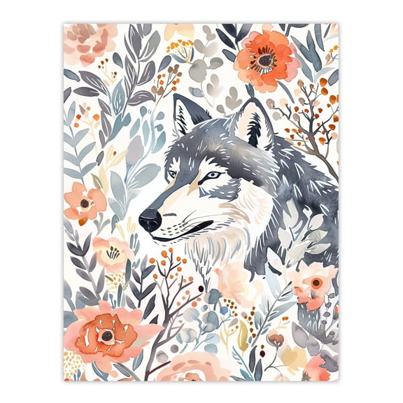 Artery8 Wolf and Wild Roses Floral Pastel Watercolour Living Room Unframed Wall Art Print Poster Home Decor Premium
