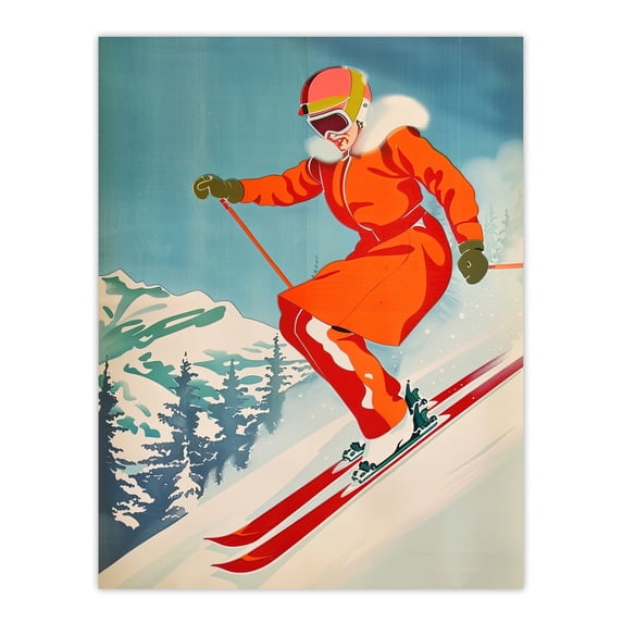 Artery8 Woman Skier Skiing Mountain Slope Snow Alps For Living Room Large Wall Art Poster Print Thick Paper 18X24 Inch