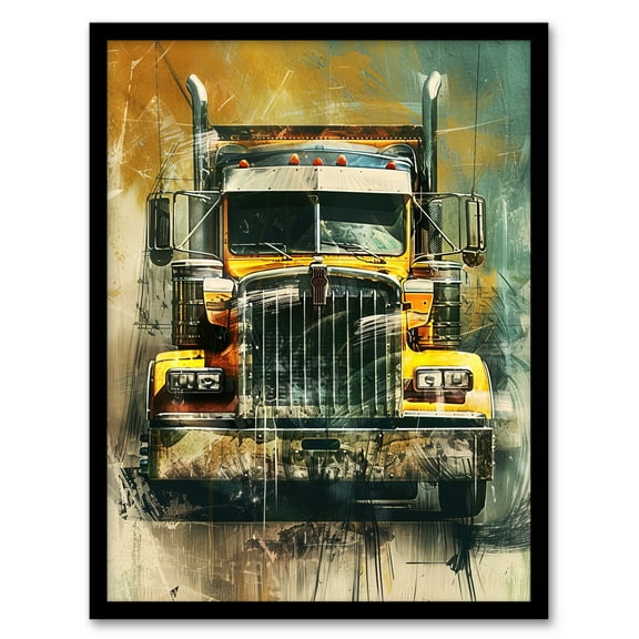 Artery8 Yellow Long Haul Truck Front Modern Painting Living Room Art Print Framed Poster Wall Decor 12x16 inch