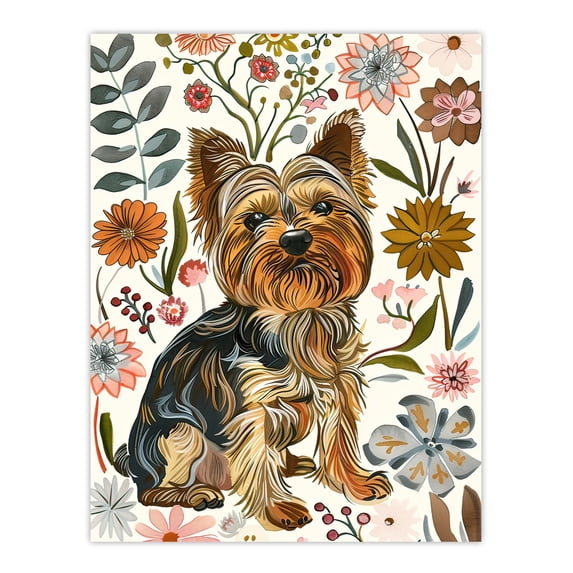 Artery8 Yorkshire Terrier Dog Lover Boho Floral Pattern Living Room Unframed Wall Art Print Poster Home Decor Premium