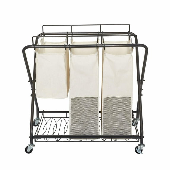 Artesa Verona 3 Bag Laundry Hamper Cart with Wheels, Black, Black