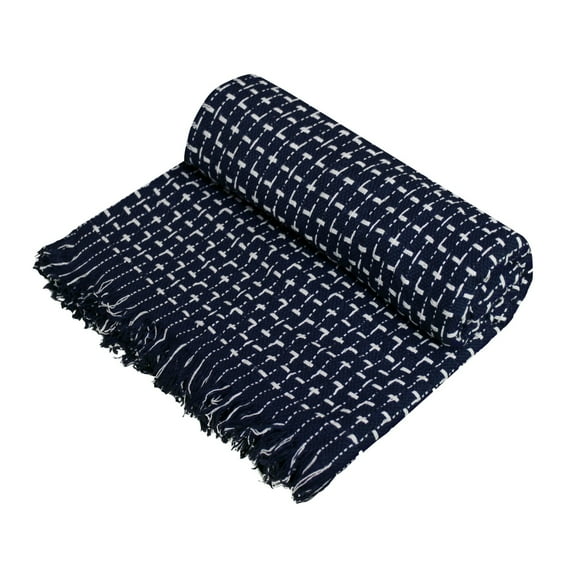 Artesanal Navy Natural Throw Blanket 55x47 100% Cotton for Stylish Home Decor