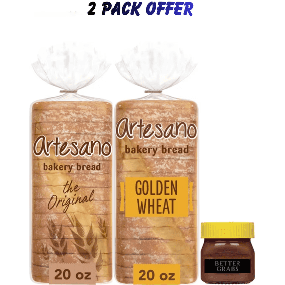 Artesano Original Bread, 20 oz, White Pre-sliced White Bread, Bag | Artesano Golden Wheat Bakery Bread, 20 oz, Whole Wheat Pre-sliced Wheat Bread, Bag