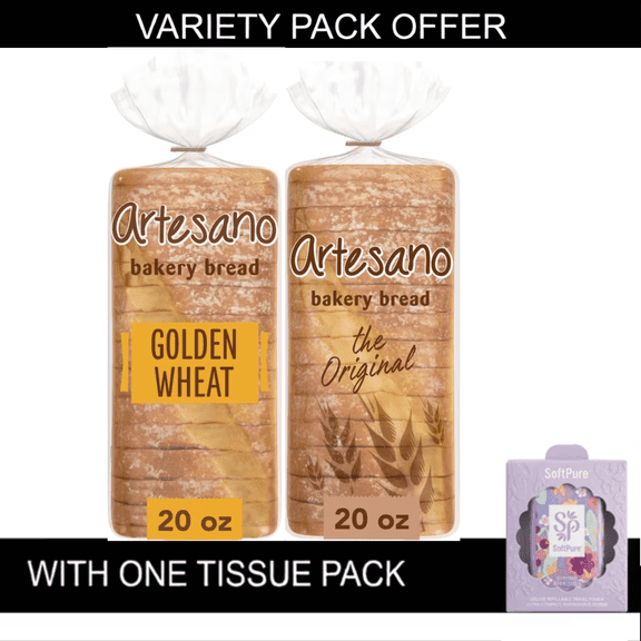 Artesano Original Bread, 20 oz, White Pre-sliced White Bread, Bag | Artesano Golden Wheat Bakery Bread, 20 oz, Whole Wheat Pre-sliced Wheat Bread, Bag