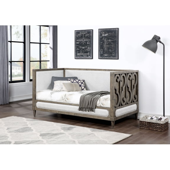 Artesia Tan Fabric & Salvaged Natural Finish Daybed Twin Size, Modern Indoor-Outdoor Daybed with Trundle, Sturdy Wood Frame for Guest Room and Living Space