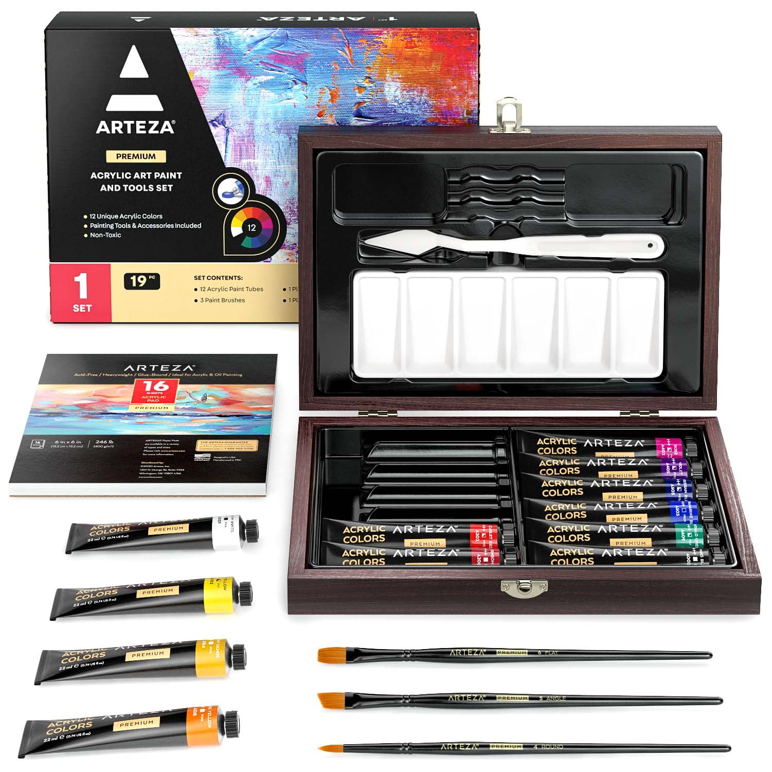 Arteza Acrylic Art Paint and Tools Set - 19 Pack 