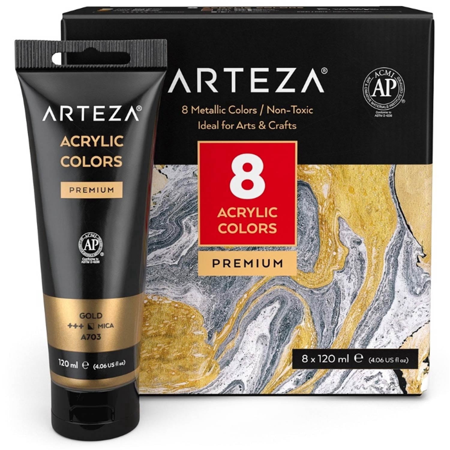 Arteza Acrylic Artist Paint, Metallic Finish, Multicolor, Set of 8, 120 mL