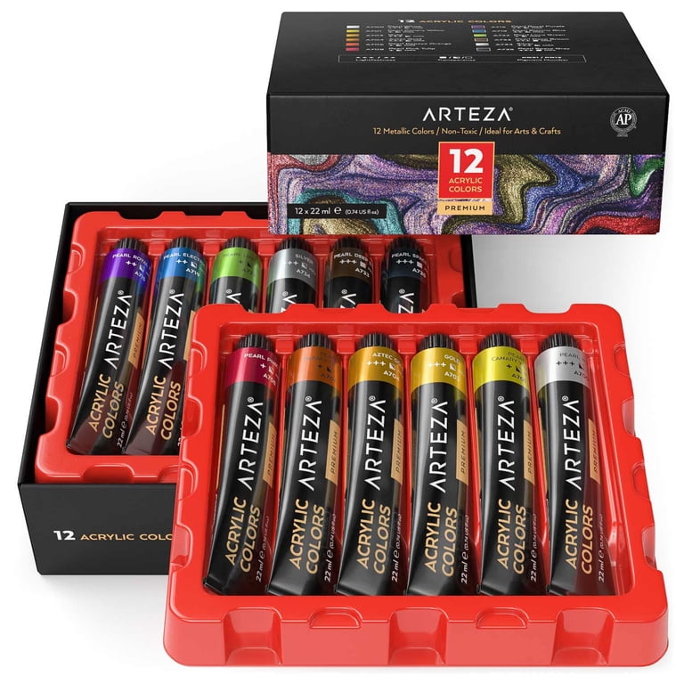 Arteza Acrylic Artist Paint Set, Metallic, 22ml Tubes, Assorted