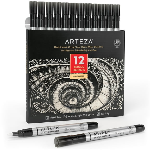 Arteza Acrylic Paint Markers Art Supply Set, Black Fine Nib - 12 Piece