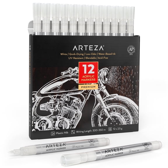 Arteza Acrylic Paint Markers, Fine Nib, White, 12 Count