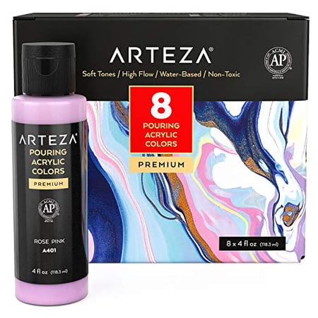 Arteza Acrylic Pouring Paint Set, 4 oz (118.3 ml) Bottles, Set of 8 Pastel Colors (Bronze, Yellow, Lavender, Blue, Sea Green, White, Pink), High-Flow Acrylic Paint, No Mixing Needed, Paint for Pouring