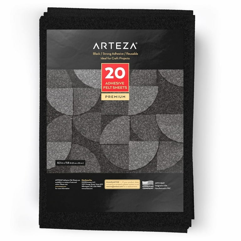 ARTEZA Black Felt Sheets, Pack of 20, 8.3 x 11.8 Inches, 1mm Thick Craft  Felt Sewing Fabric, Flexible Self Adhesive Felt Fabric Squares, Water