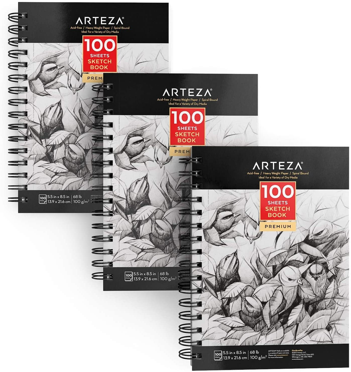  Arteza Small Sketch Book 5.5x8.5 Inches, 3-Pack of Blue Sketch  Pads, 300 Sheets Total, 100 Sheets Each Drawing Book, 68 lb 100 GSM,  Spiral-Bound Hardcover Drawing Pad Set for Dry Media 