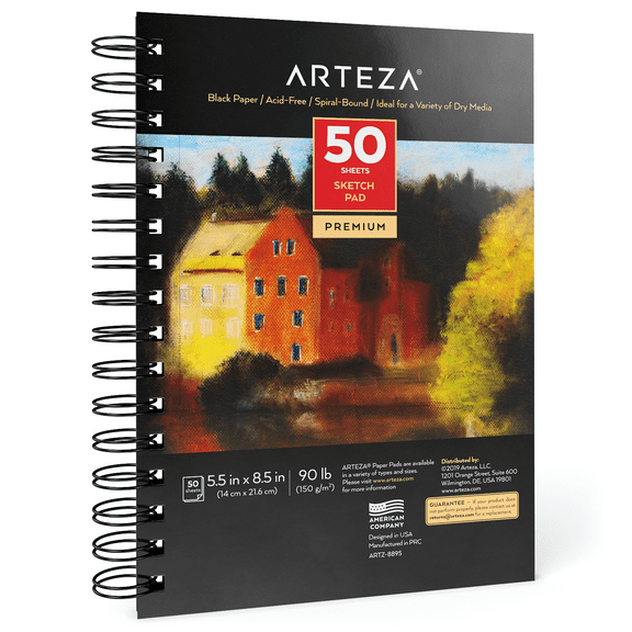 Arteza Black Sketch Pad, 5.5x8.5", 50 Sheets (90lb/150gsm), Spiral-Bound