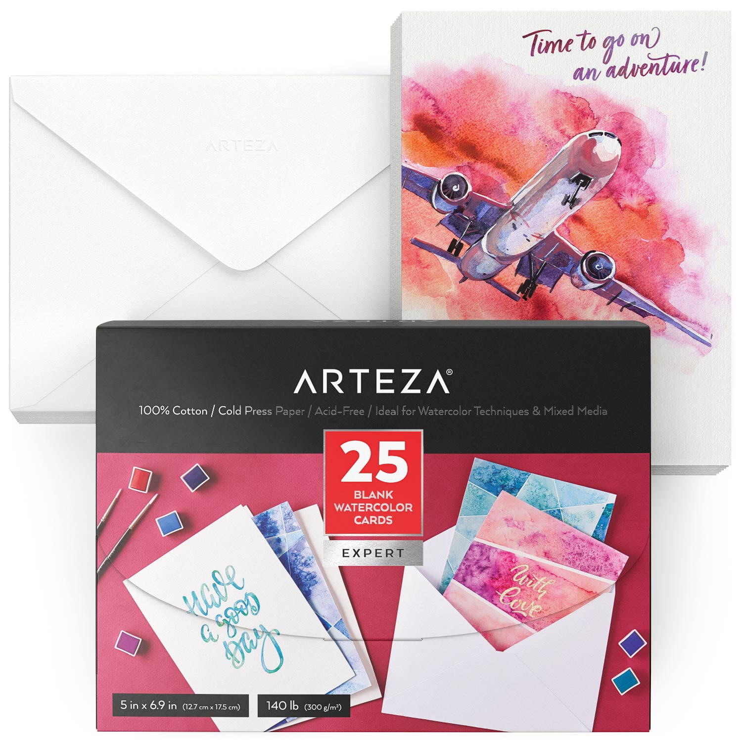 Arteza Blank Watercolor Cards & Envelopes for DIY, 100% Cotton, 5x6.875,  Set of 25