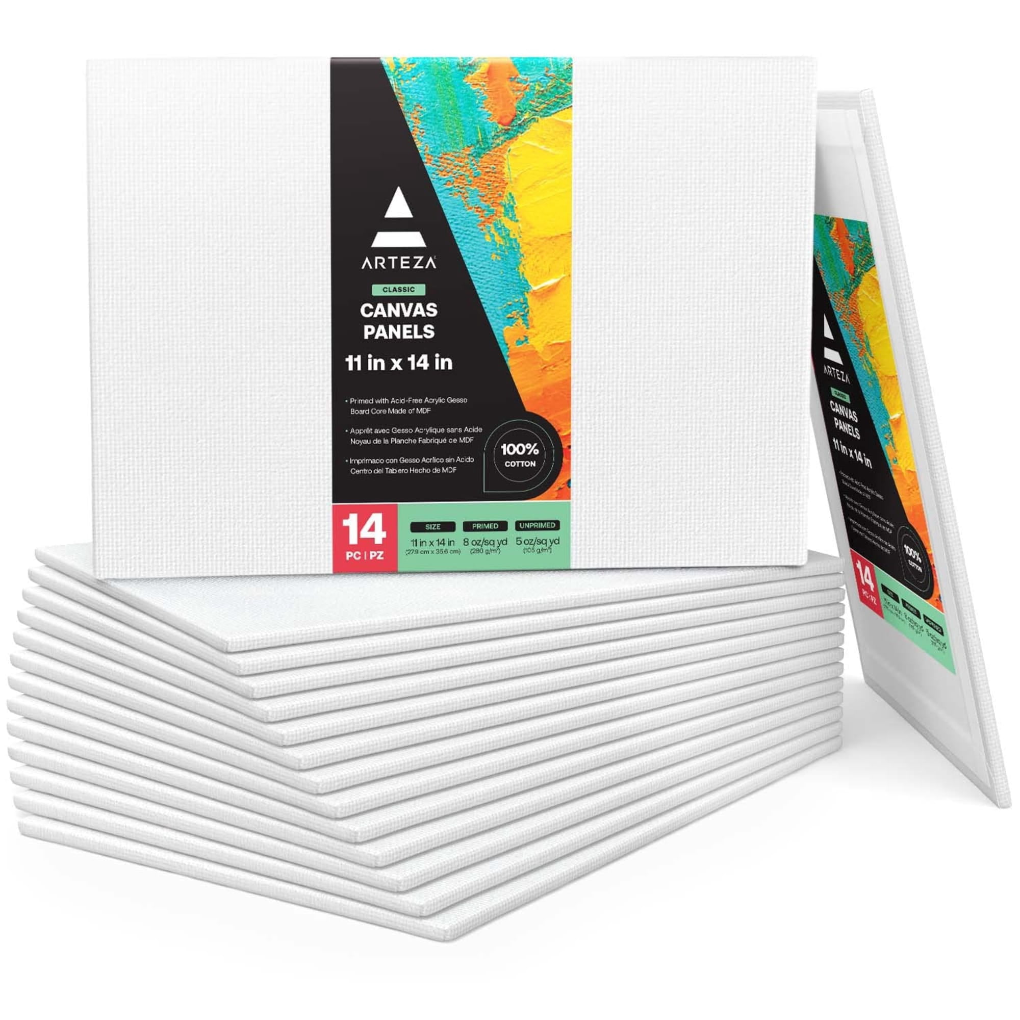 Arteza 11" x 14" Canvas Panel, Set of 14, White Cotton