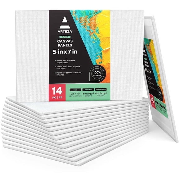 Arteza Canvas Panels Pack, 5" x 7", Blank Canvas Boards for Painting, 14 Pack