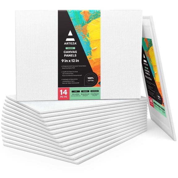 Arteza 9" x 12" Canvas Panels, Set of 14, White Cotton