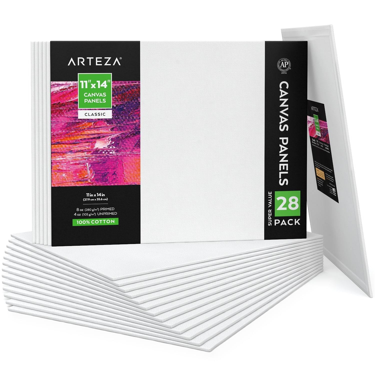 Arteza 11x14 White Blank Canvas Panels Boards, Bulk Pack of 28, Primed, 100% Cotton for Acrylic