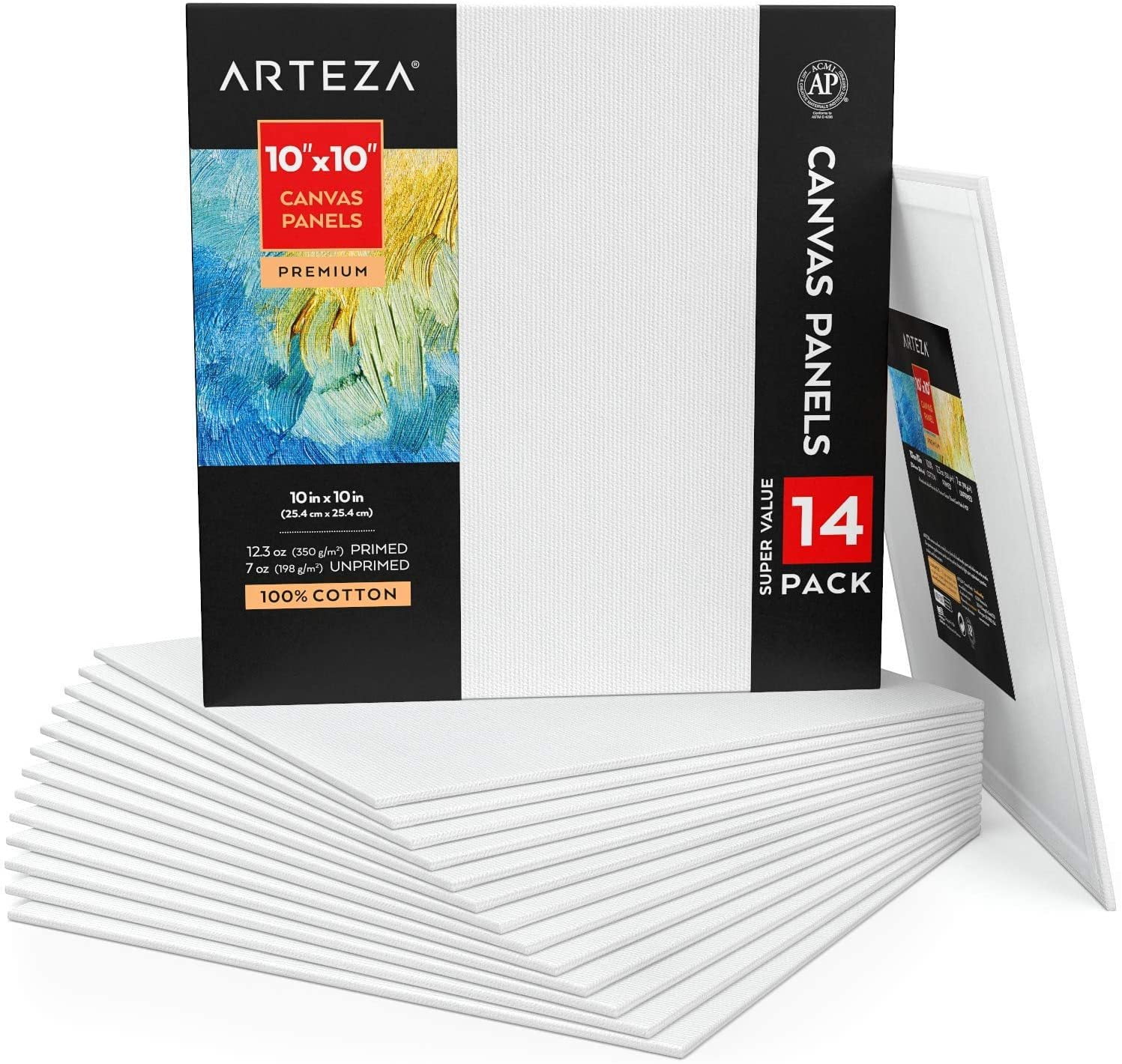 Arteza Canvas Panels, Premium, White, 10"x10", Blank Canvas Boards for Painting - 14 Pack